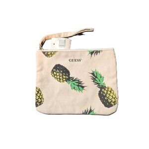 GUESS Pineapple Print Cotton Cosmetics Bag Red Lining Zip Pouch Vacation Tropica